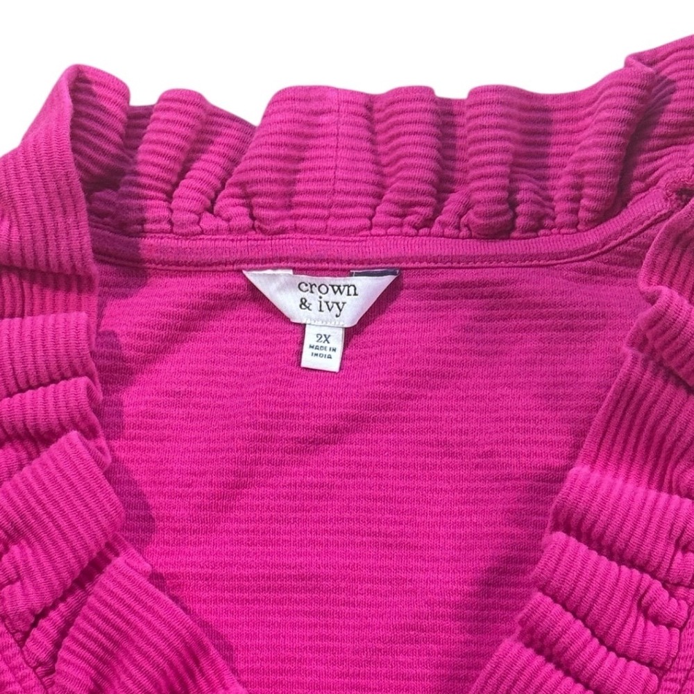 Crown & Ivy Hot Pink Ruffle V-Neck Sleeveless Ribbed Top Womens 2X - Picture 5 of 5